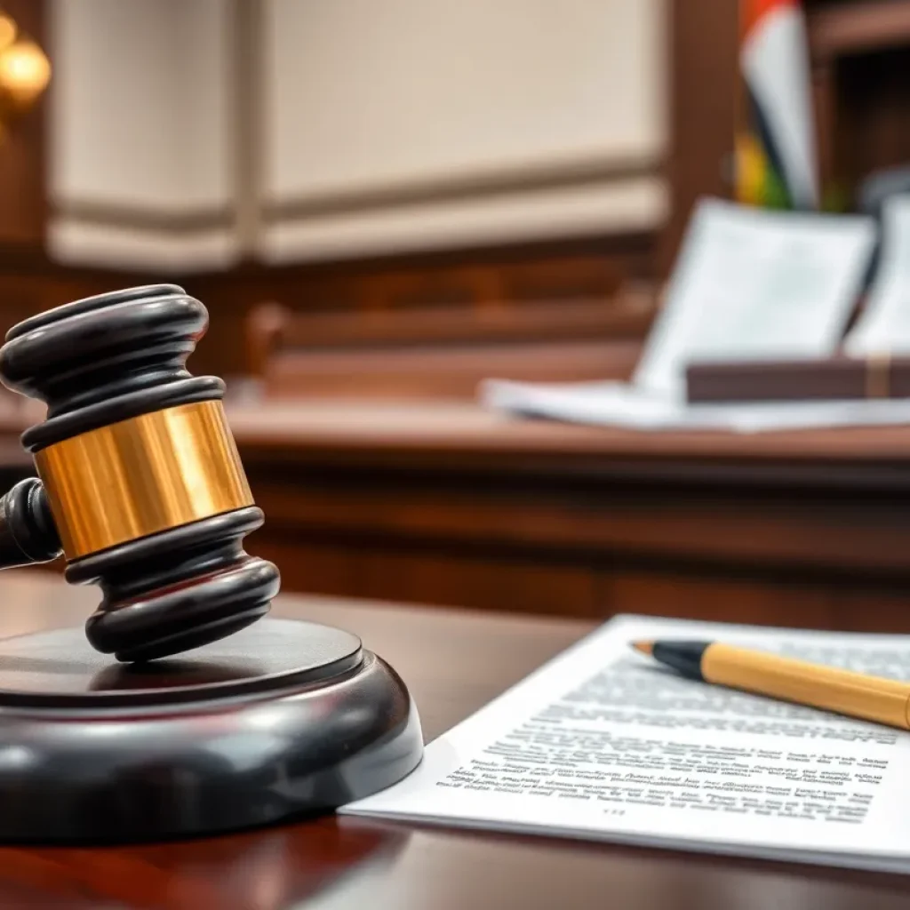 Courtroom setting depicting a gavel and legal documents