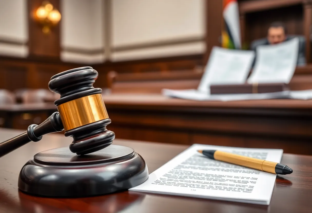 Courtroom setting depicting a gavel and legal documents