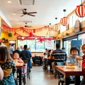 Families enjoying the reopening event at Denny's in San Diego