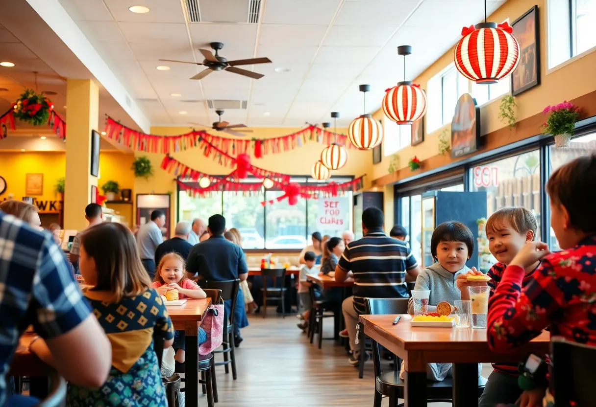 Families enjoying the reopening event at Denny's in San Diego