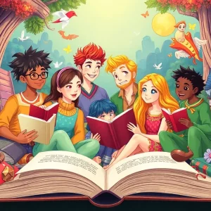 An artistic illustration of diverse fantasy characters in a whimsical setting