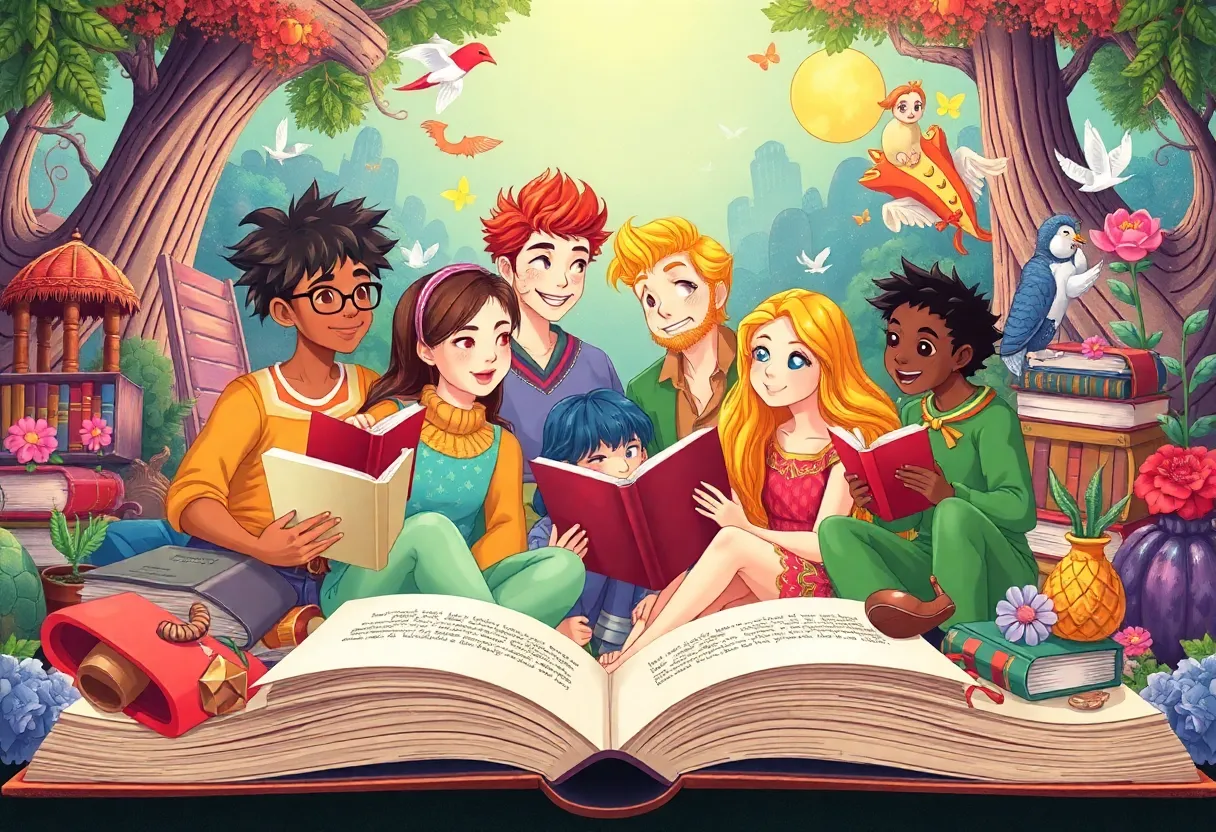 An artistic illustration of diverse fantasy characters in a whimsical setting