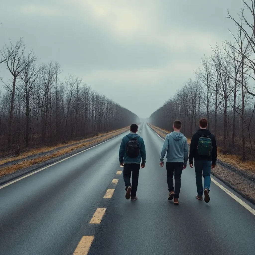 A bleak, dystopian setting with teenage boys walking along a long road.