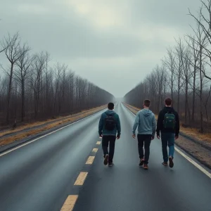 A bleak, dystopian setting with teenage boys walking along a long road.