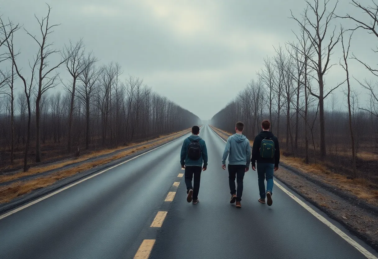 A bleak, dystopian setting with teenage boys walking along a long road.
