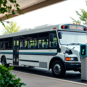 Electric school bus at charging station