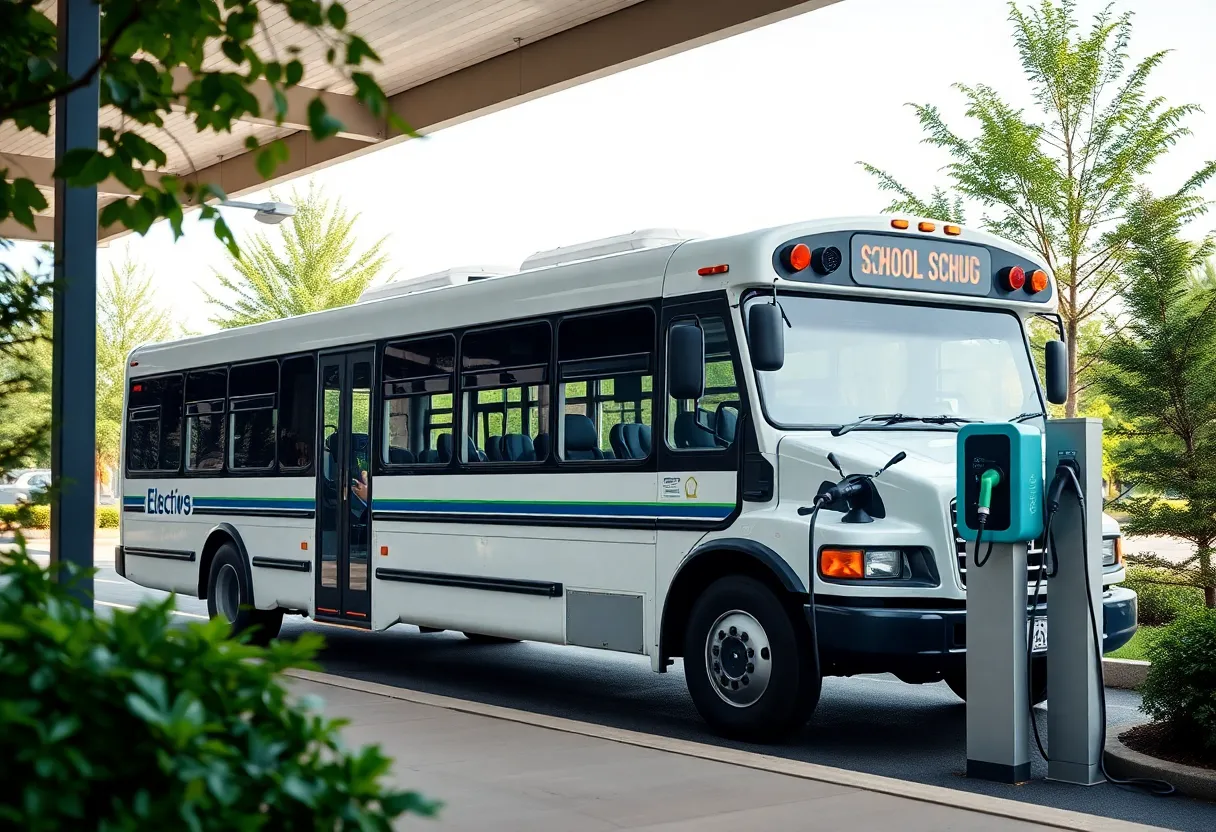 Electric school bus at charging station