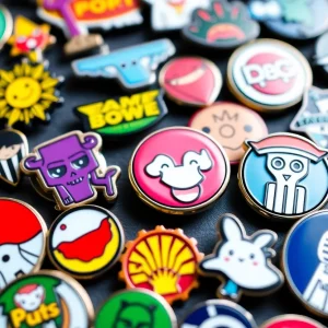 Display of exclusive enamel pins featured at Comic-Con