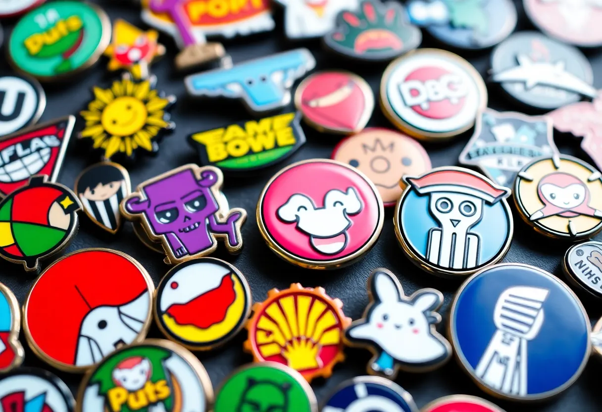 Display of exclusive enamel pins featured at Comic-Con