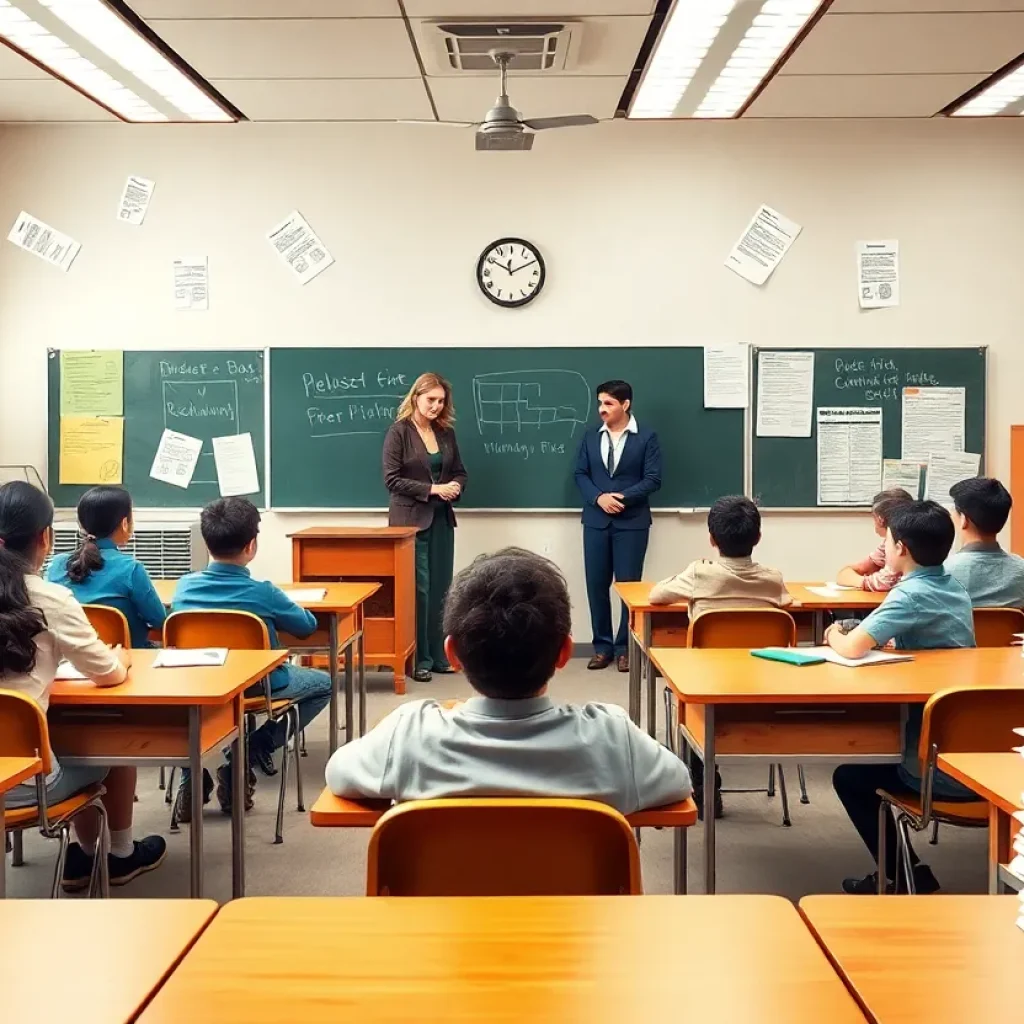 Classroom environment showing teachers and students affected by education funding freeze.