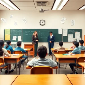 Classroom environment showing teachers and students affected by education funding freeze.