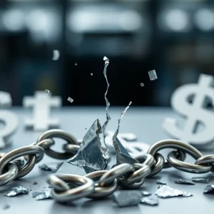 Artistic representation of financial deception with broken chains.