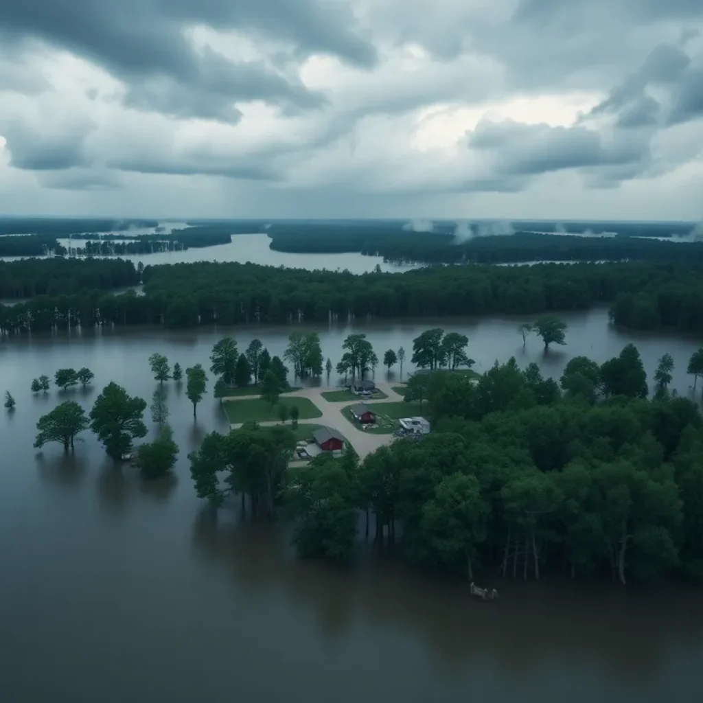 Aerial view of a flooded campground after a storm in Central Texas.