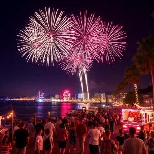 Colorful fireworks display over San Diego Bay during Fourth of July celebrations