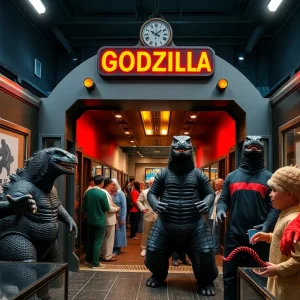 Godzilla Station pop-up event with train entryway and cosplayers