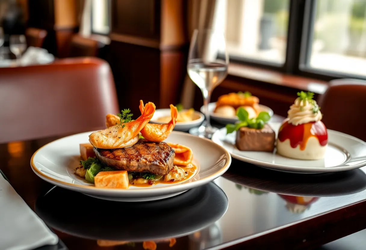 Artfully arranged three-course meal showcasing seafood, steak, and dessert.