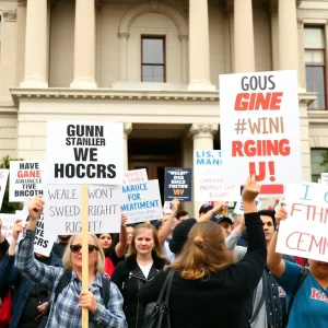 Rally supporting gun rights outside a courthouse.
