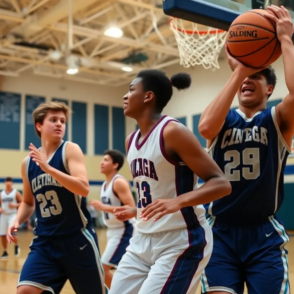 High school basketball players competing during a game
