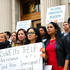 Group protesting against ICE arrests in courthouse.