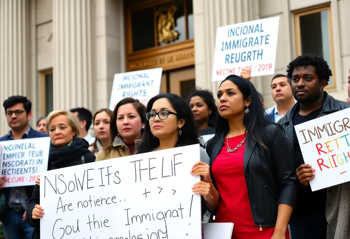 Group protesting against ICE arrests in courthouse.