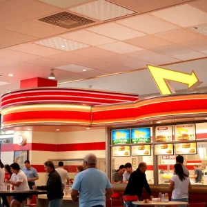 Crowd enjoying food at an In-N-Out Burger restaurant