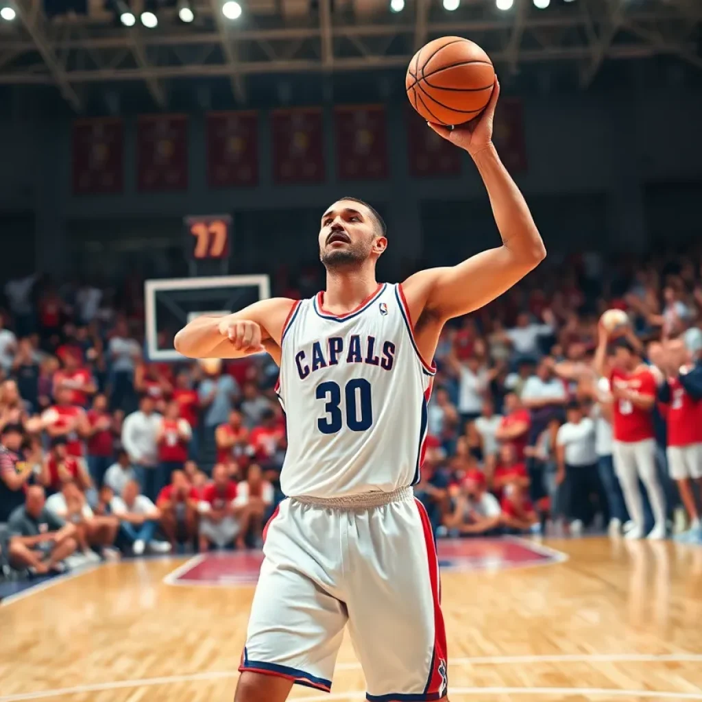 Basketball player on the court during a game in a European league