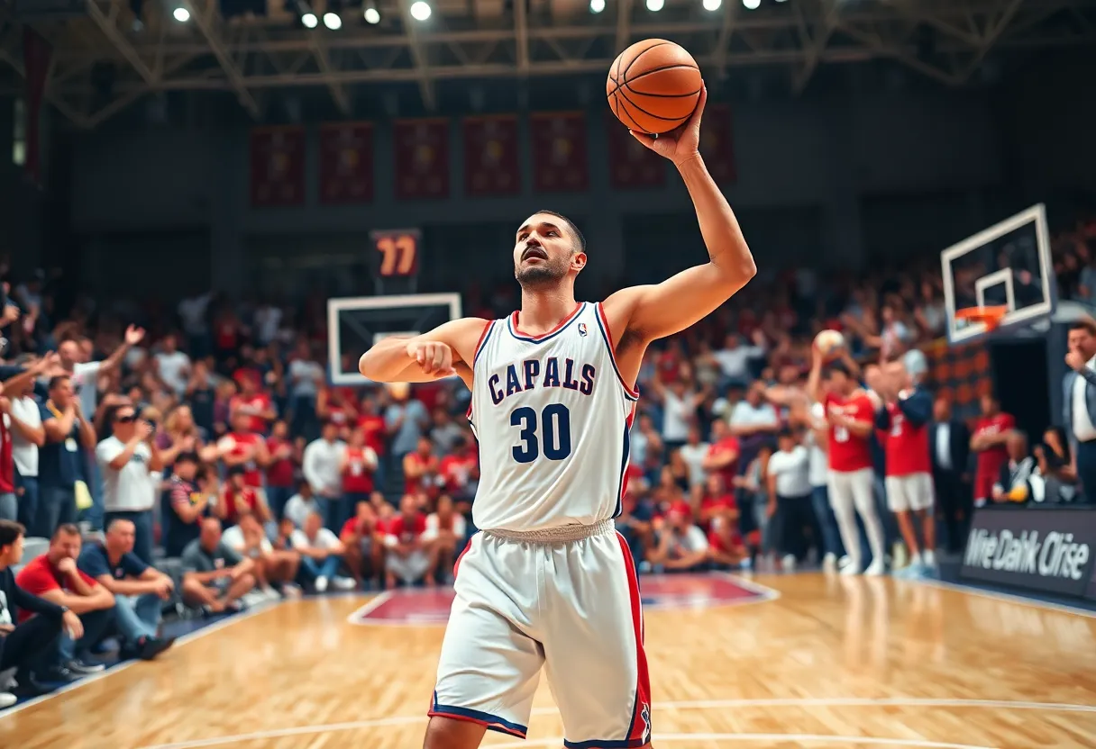Basketball player on the court during a game in a European league