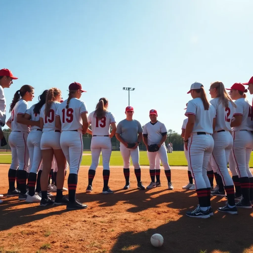 Softball team huddled together on the field