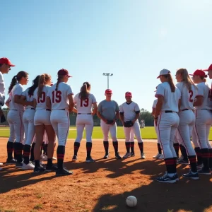 Softball team huddled together on the field