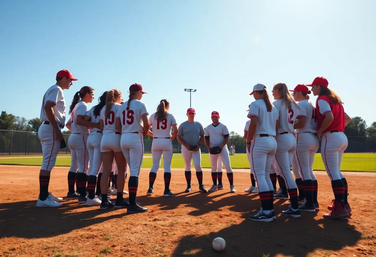 Softball team huddled together on the field