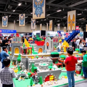 An immersive LEGO booth at San Diego Comic-Con with a large diorama and fans participating in activities.