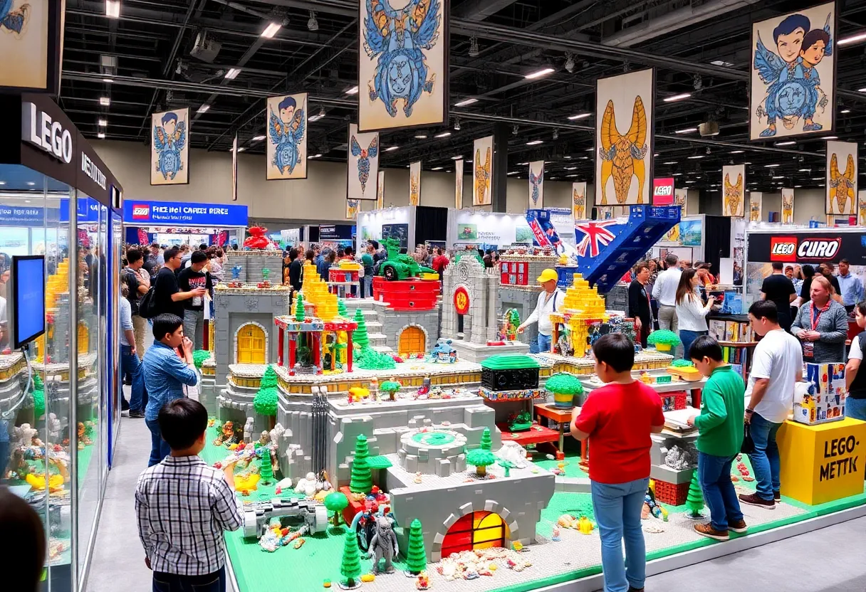 An immersive LEGO booth at San Diego Comic-Con with a large diorama and fans participating in activities.