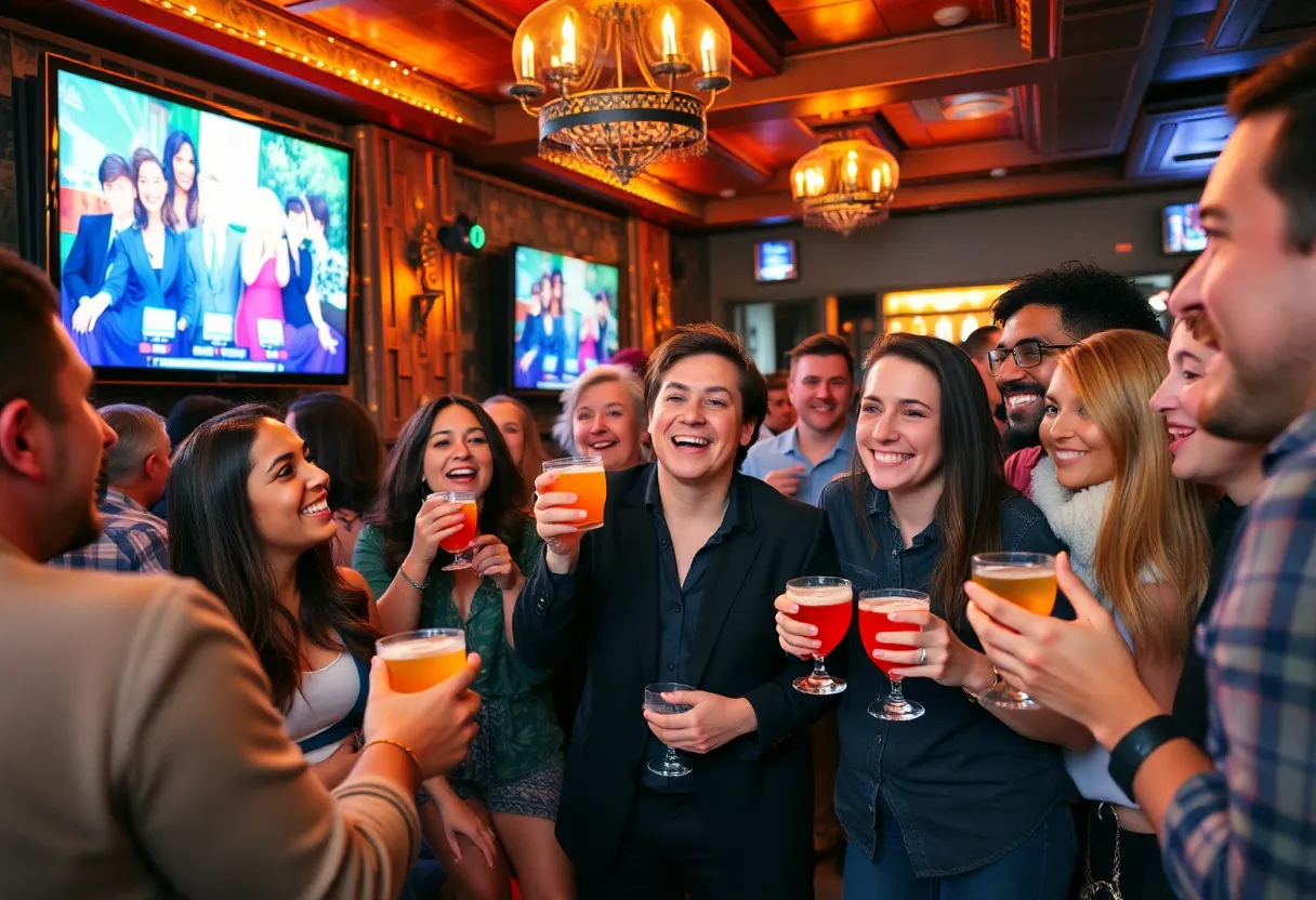 Crowd enjoying a watch party for Love Island USA at a San Diego bar.
