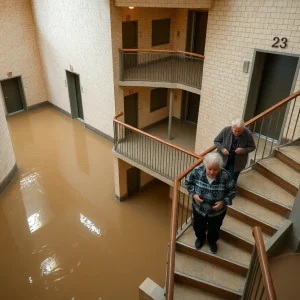 Flooded elevator area in senior housing complex