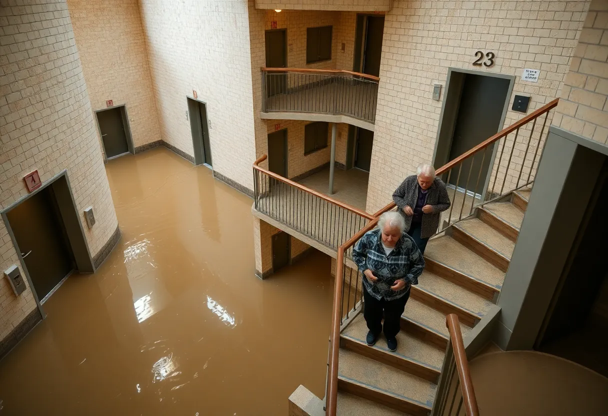 Flooded elevator area in senior housing complex