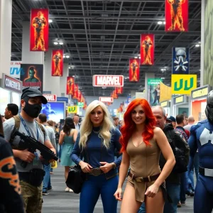 Fans enjoying Marvel's booth at San Diego Comic-Con.