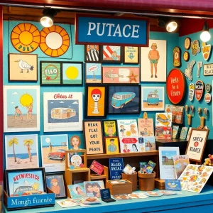 Art display showcasing Monkey Minion's unique retro-inspired creations at Comic-Con