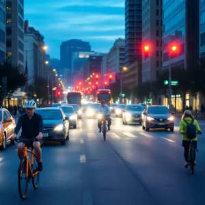 Nighttime view of a busy street in San Diego with cyclists and pedestrians