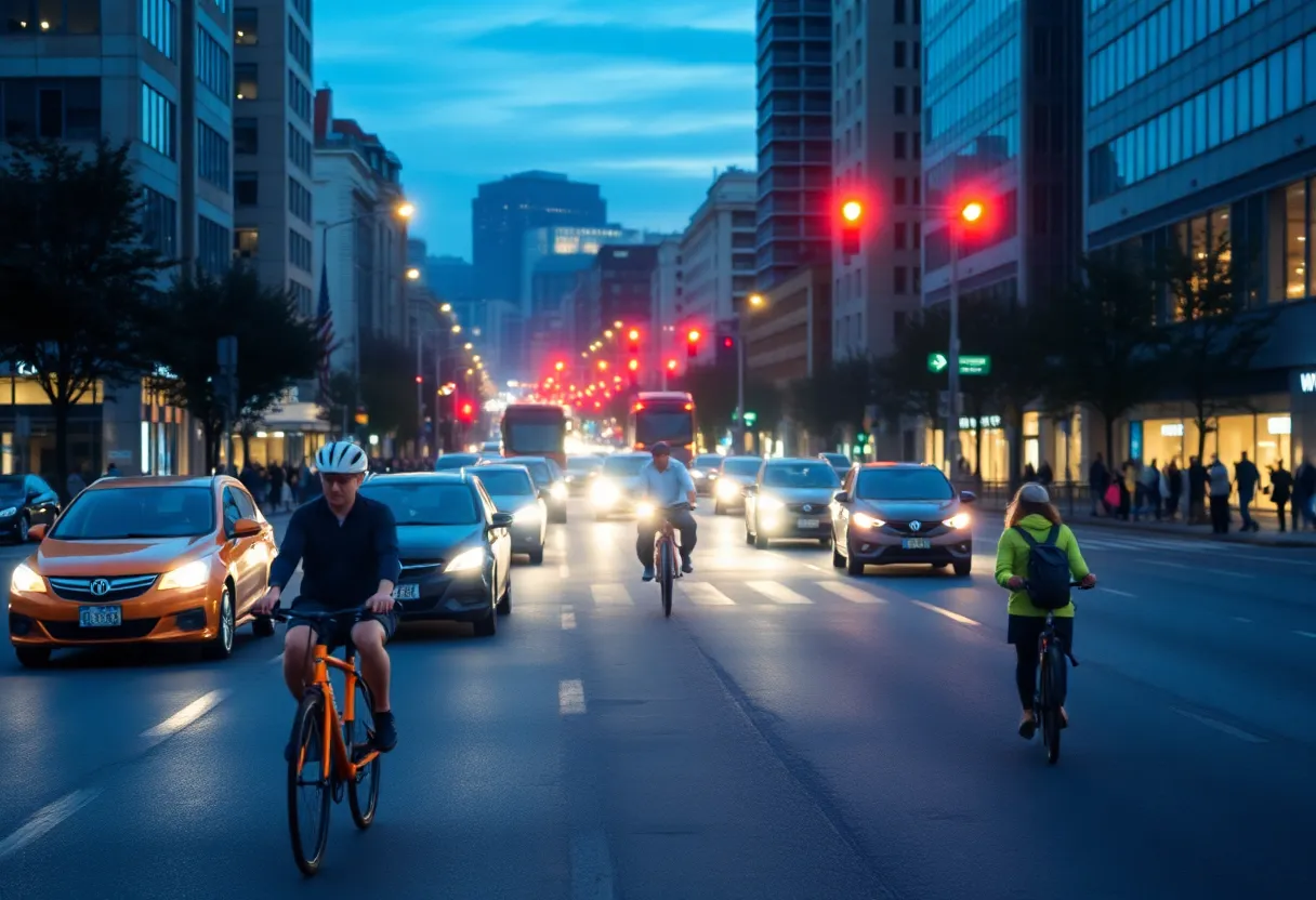 Nighttime view of a busy street in San Diego with cyclists and pedestrians