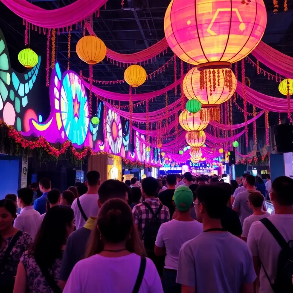 Attendees enjoying the Peacefest event with colorful decorations and live music