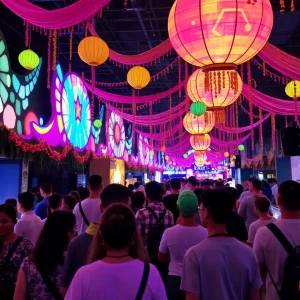 Attendees enjoying the Peacefest event with colorful decorations and live music