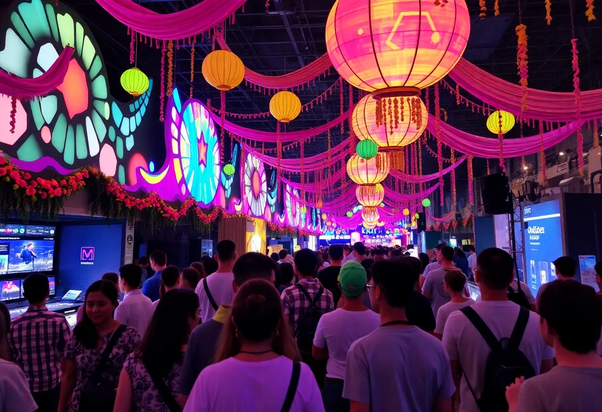 Attendees enjoying the Peacefest event with colorful decorations and live music