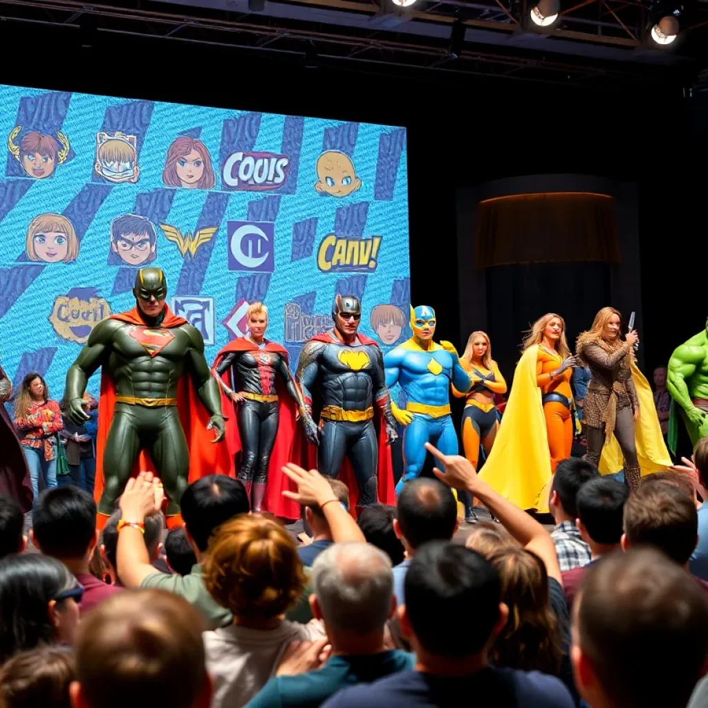 Panel at San Diego Comic-Con showcasing Peacemaker Season 2 with superheroes and excited fans.