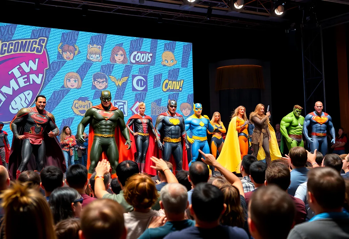 Panel at San Diego Comic-Con showcasing Peacemaker Season 2 with superheroes and excited fans.