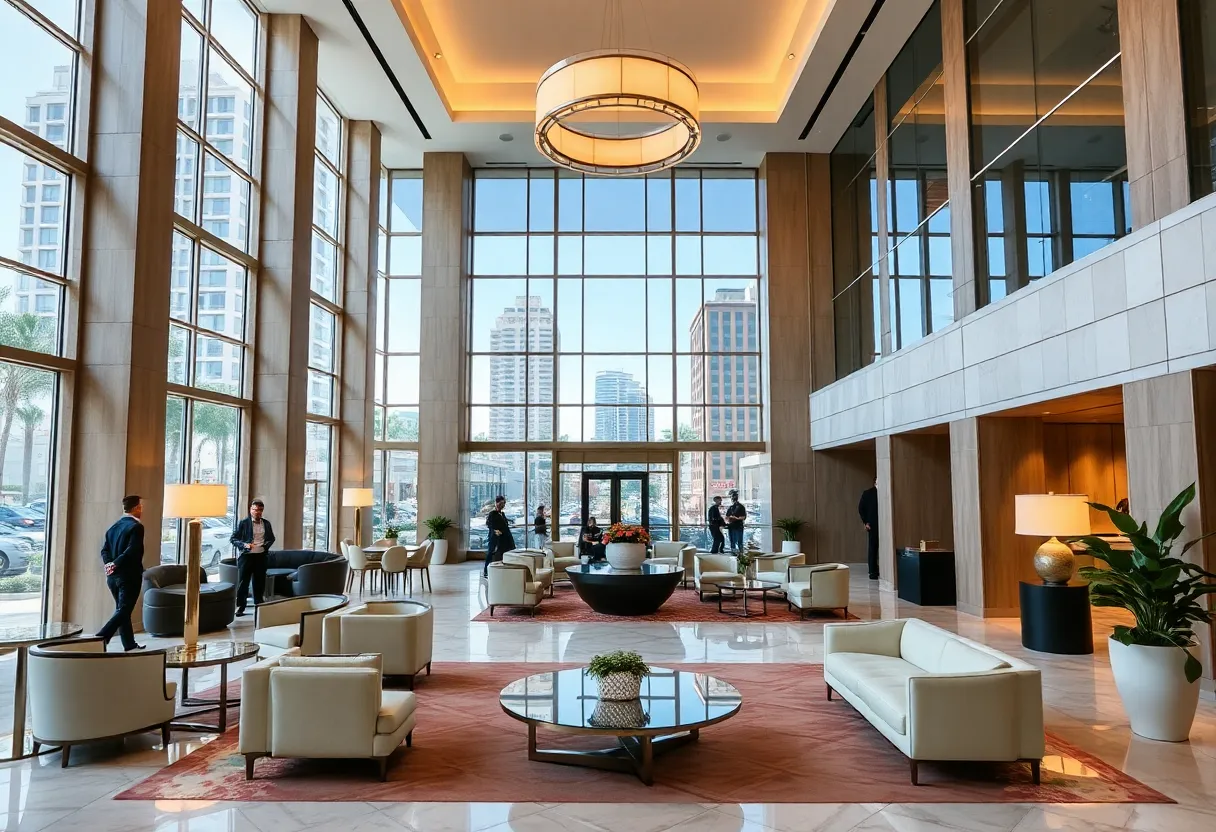 Luxurious and modern hotel lobby of Pendry San Diego