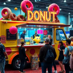 Colorful donut truck and attendees at Comic-Con