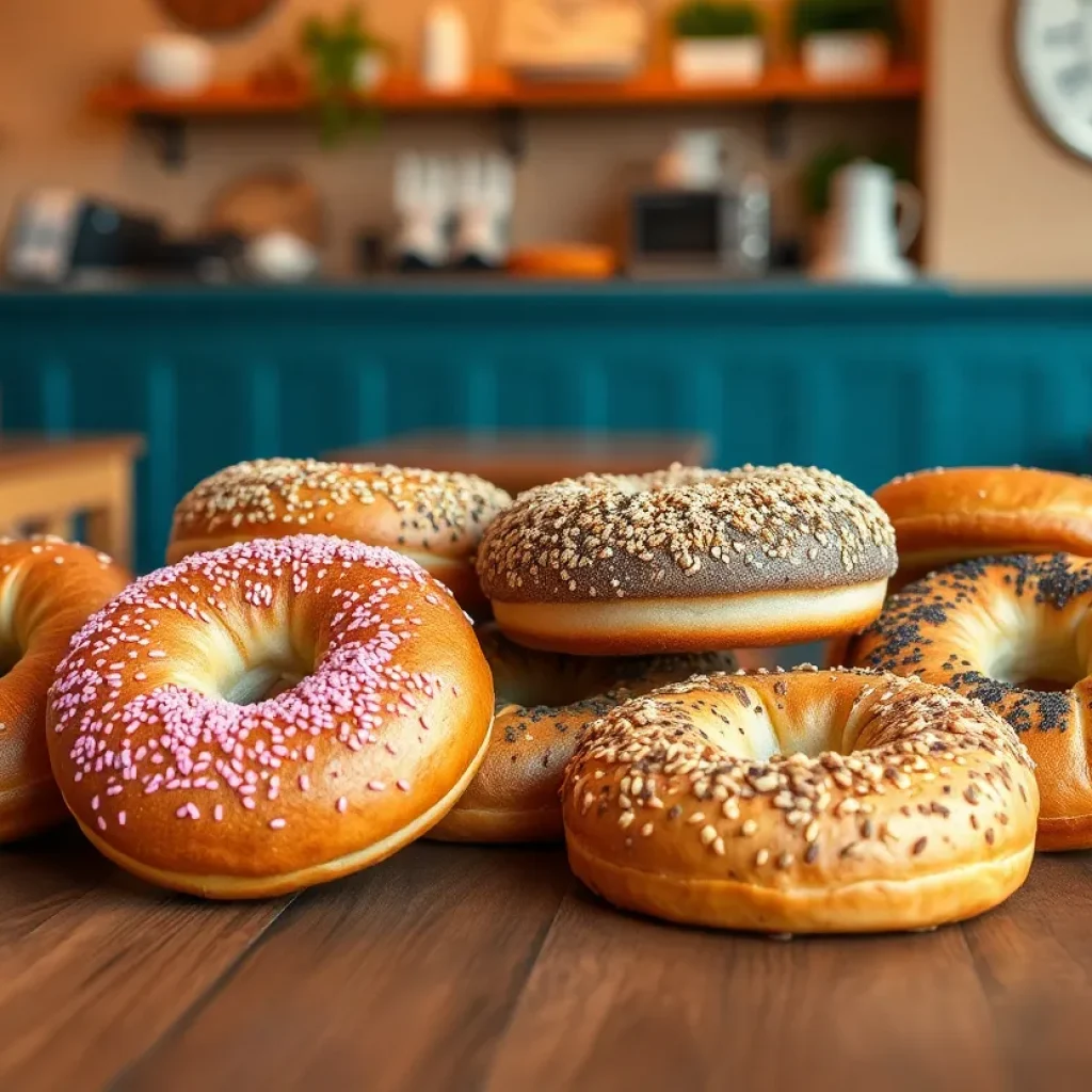 An inviting bagel shop with freshly baked bagels and happy customers