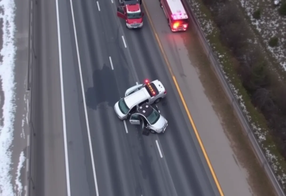 Aerial view of highway crash scene with emergency response vehicles