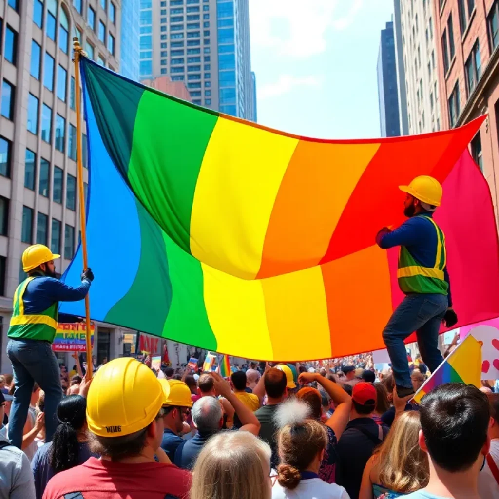 Participants raising a rainbow flag during San Diego Pride Week