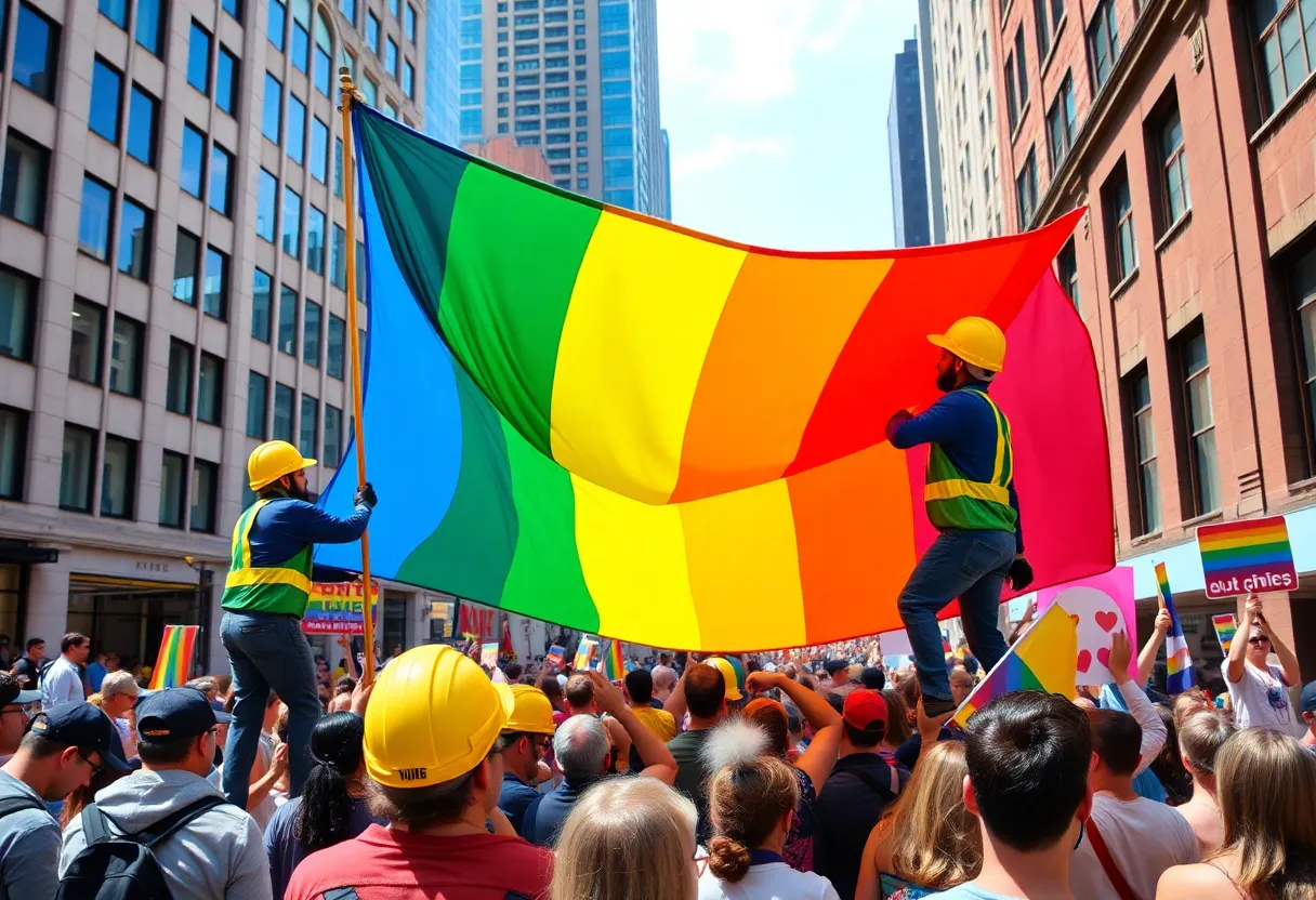 Participants raising a rainbow flag during San Diego Pride Week